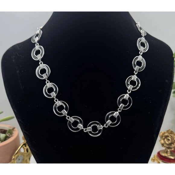 Ralph Lauren Silvertone Black Enamel Circle Ribbed Connecter 18" Toggle Necklace - Picture 1 of 8